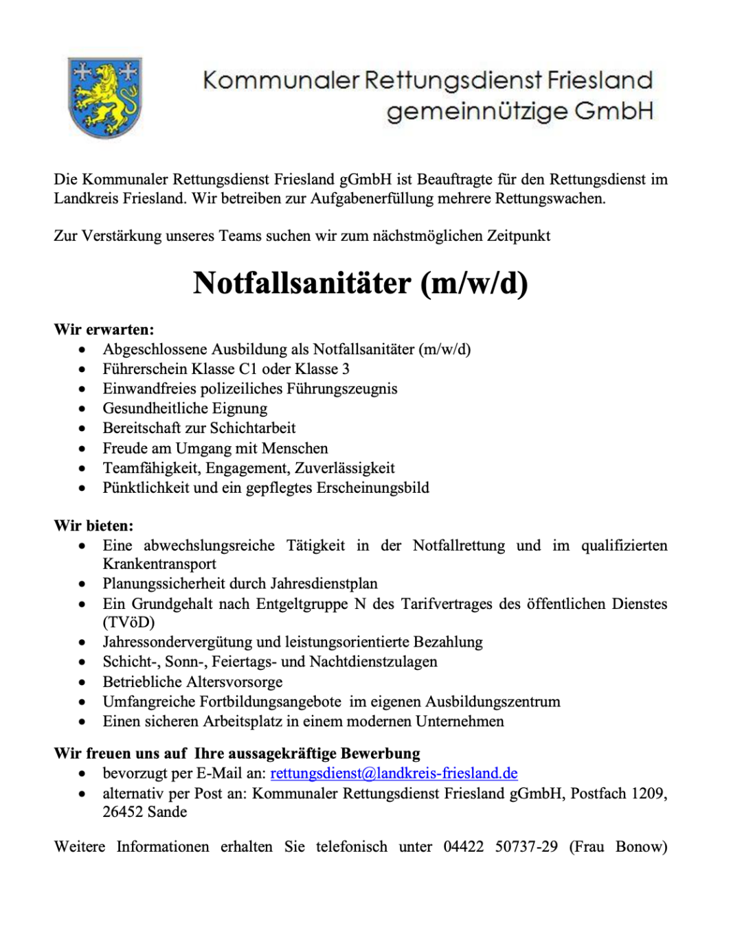 Stellenanzeigen - Rettungsdienst Friesland